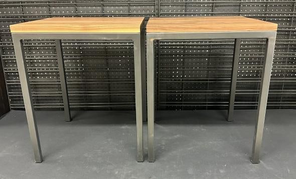 ( ROOM & BOARD ) pair new walnut top end tables with flat black metal bases, signed underneath as (1 of 4)