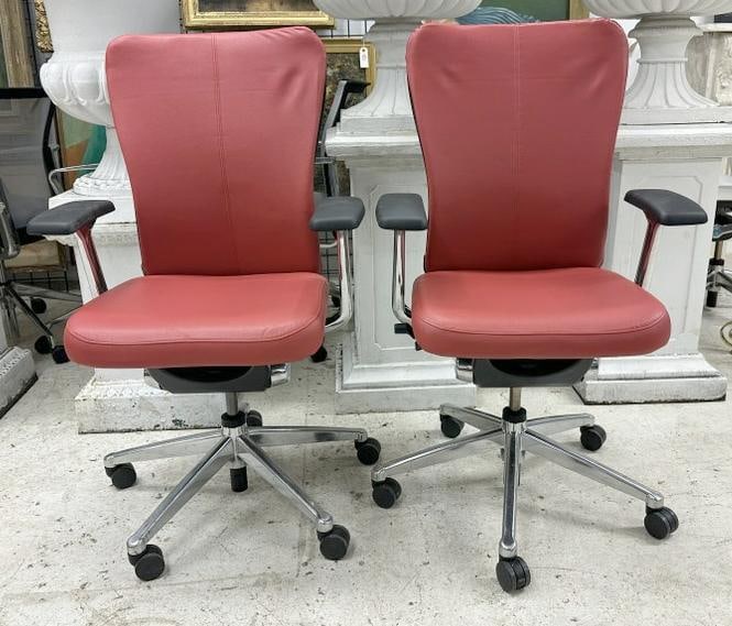 (2) HAWORTH high end  swivel office task chair, with red leather seat and back, fine condition, with (1 of 4)