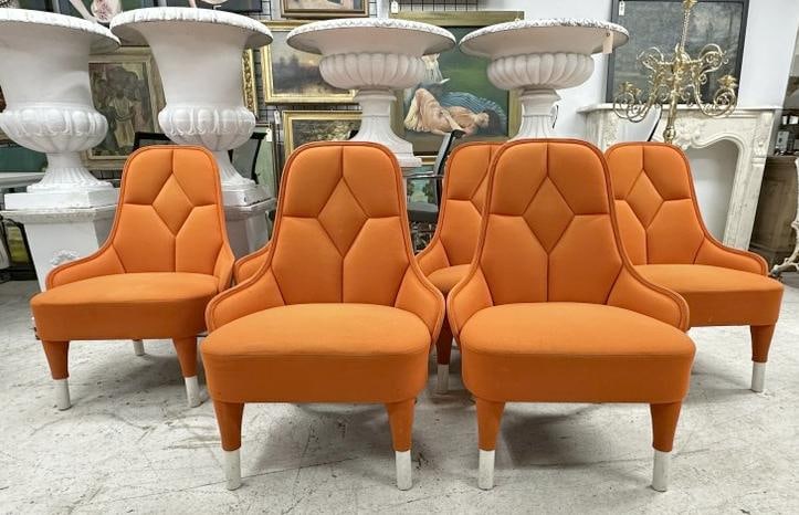 (6) GARSNAS orange lounging chairs, white wood feet, all structurally sound, some light fading, no: (6) GARSNAS orange lounging chairs, white wood feet, all structurally sound, some light fading, no tears, rips or repairs, some light stains...bendable backs.....They measure 35" high x 27.5" arm to a