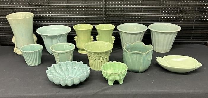 (13) pcs. Estate greenish art pottery, a hairline here or there, all solid, ( BAUER, McCOY, USA ), (1 of 8)