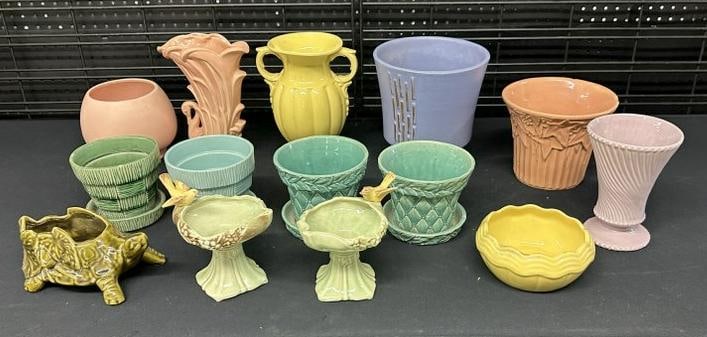 (14) pcs. McCoy art pottery from local estate, good variety, includes pair with birds on top, (1 of 9)