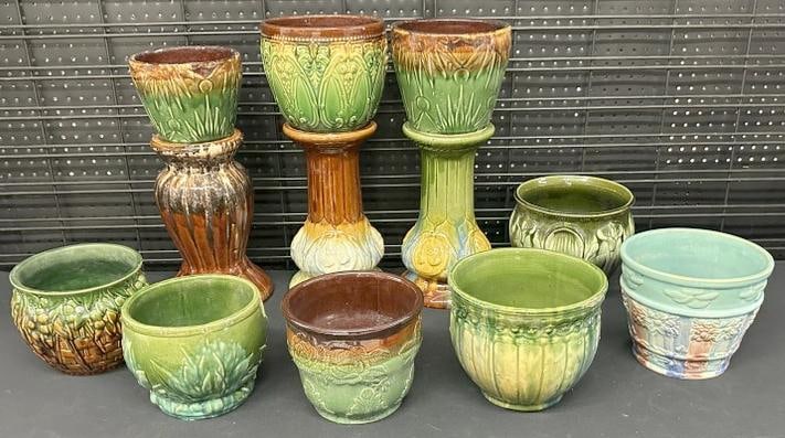(13) art pottery jardinaires and pedestals ( (3) pedestals with one having a chip on base, (9) (1 of 8)