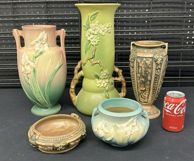 (5) pcs. Roseville art pottery including 15.5" high Apple Blossom vase with twig handles, I see no (1 of 7)
