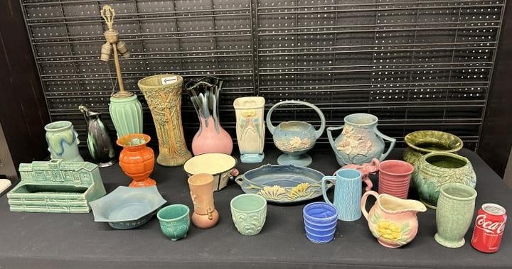 (24) assorted art pottery, the Roseville all have a tiny chip or hairlines, good mixed lot for a (1 of 8)