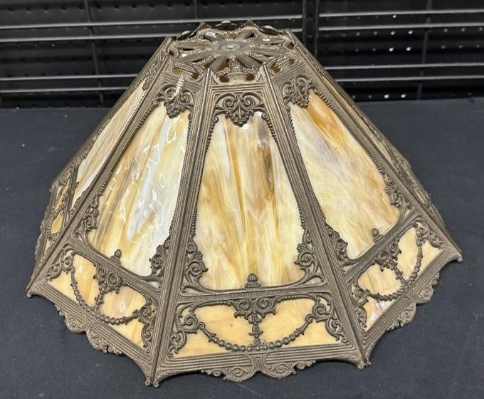 Circa 1910 slag glass lamp shade, decoratives borders intact, ( a few of crown tops on top are worn (1 of 4)