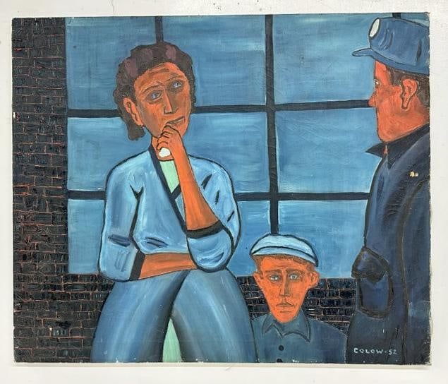 Maury Colow ( 1917-1993) o/c with three people, dated 1952, directly from his Woodstock, New York: Maury Colow ( 1917-1993) o/c with three people, dated 1952, directly from his Woodstock, New York estate Studio. The painting measures 25" x 30", nice found estate condition, signed lower right