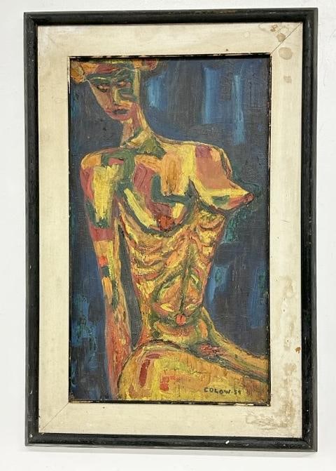 Maury Colow ( 1917-1993) o/b impressionist nude female figure, signed lower right & dated 1959.: Maury Colow ( 1917-1993) o/b impressionist nude female figure, signed lower right & dated 1959. White frame insert has staining, in black wood frame. Found in his Woodstock, N.Y. estate Studio, painti