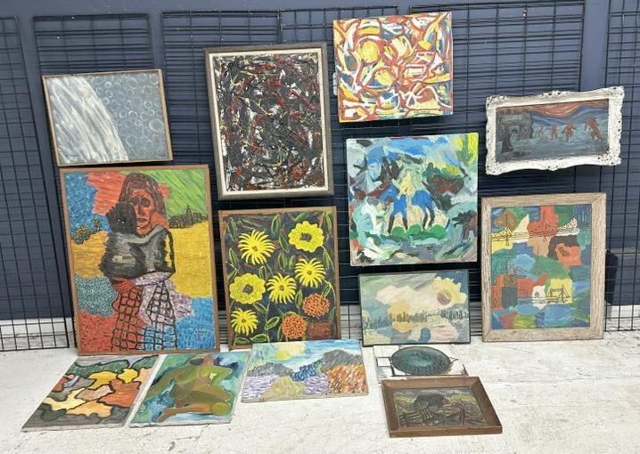 (14) Maury Colow paintings from his Woodstock, N.Y. studio and estate. Good lot for a dealer to sort: (14) Maury Colow paintings from his Woodstock, N.Y. studio and estate. Good lot for a dealer to sort out, just as we found them in his barn, where his Studio was….