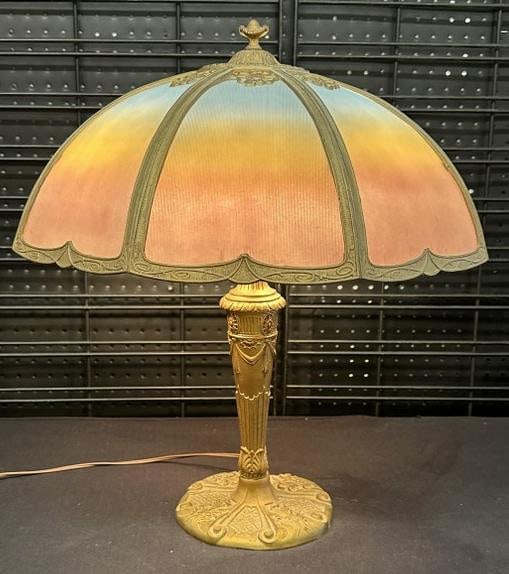 Circa 1900 curved irridescent glass panel lamp, nice decorative metal base, glass panels in nice (1 of 8)