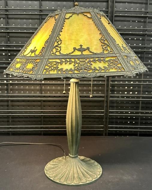 Circa 1910 decorative slag glass panel lamp from Hudson Valley home, nice filigree detail on shade, (1 of 9)