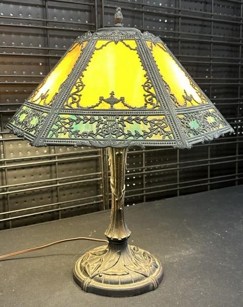 Circa 1910 decorative slag glass panel lamp, from Hudson Valley home, nice overall condition, (1 of 11)