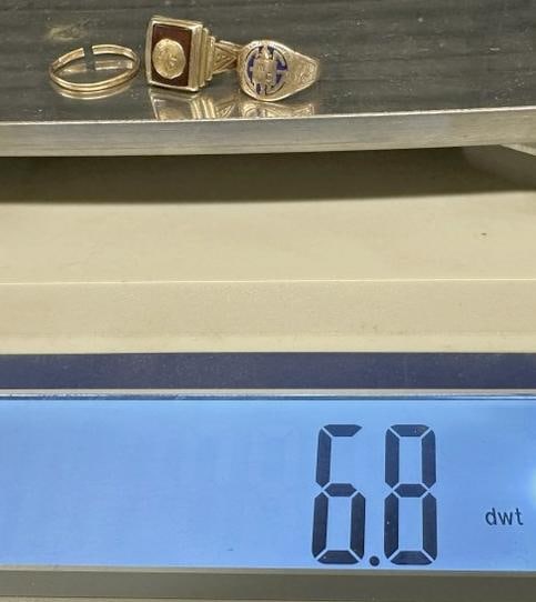 10K estate gold lot includes (2) school rings and broken band, weighs 6.8 pennyweights. From local (1 of 2)
