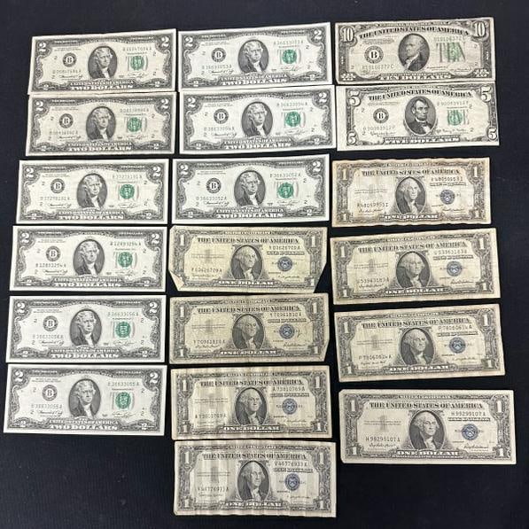 ( $41 ) face value older US bills, $2 bills, $1 Silver Certificates, $5 bill with uneven borders and (1 of 4)