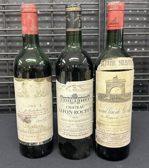 (3) vintage bottles of wine, includes -1966 CHATEAU MOUTON BARON PHILIPPE ( 7.5" high from the: (3) vintage bottles of wine, includes -1966 CHATEAU MOUTON BARON PHILIPPE ( 7.5" high from the bottom in bottle - 1966 CHATEAU LEOVILLE LAS CASAS with evaporation - and 1970 CHATEAU LAFON-ROCHET....Al