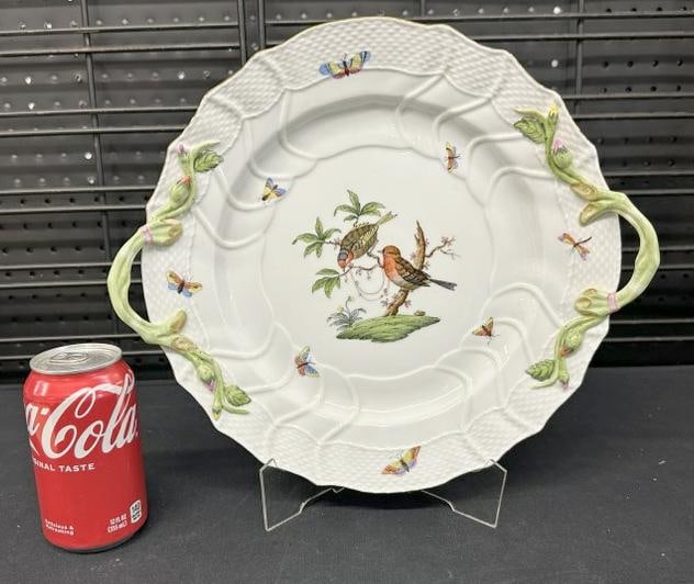 HEREND 13.25" chop plate with birds and handles, from fine estate in Hudson Valley, in fine: HEREND 13.25" chop plate with birds and handles, from fine estate in Hudson Valley, in fine condition.