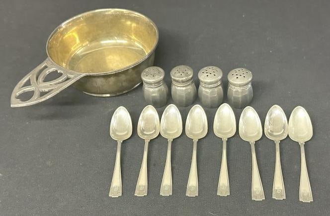 Estate STERLING SILVER lot to include nice quality porridge dish, (4) salt and pepper shakers, and (1 of 7)