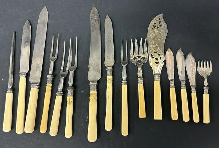 Nice early lot of serving pieces and flatware, possibly bone handles, just as we found them in stone: Nice early lot of serving pieces and flatware, possibly bone handles, just as we found them in stone house in Hudson Valley. Includes fish set, etc. Good lot for a dealer to sort out…