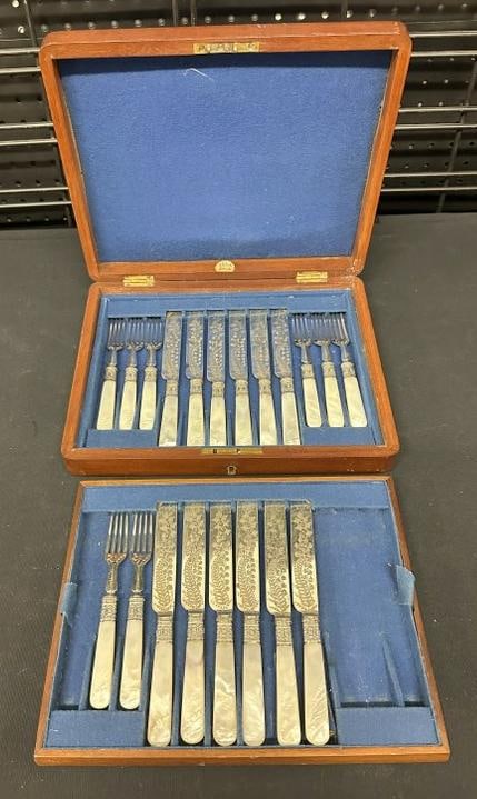 Nice 19th c fancy flatware set with mother of pearl handles and fancy leaf pattern on blades and: Nice 19th c fancy flatware set with mother of pearl handles and fancy leaf pattern on blades and forks….in original box...missing a few pieces as pictured, the bottom side is complete, top missing a