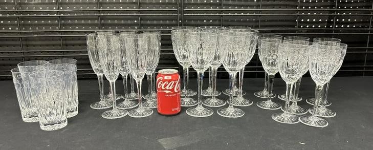 (29) pcs. Estate collection WEDGWOOD CALENDORE pattern, includes (8) 9" high goblets, (8) 7.75" high: (29) pcs. Estate collection WEDGWOOD CALENDORE pattern, includes (8) 9" high goblets, (8) 7.75" high goblets, (8) 8.75" high fluted champagne glasses, and (5) 5.5" high water glasses….in overall ver