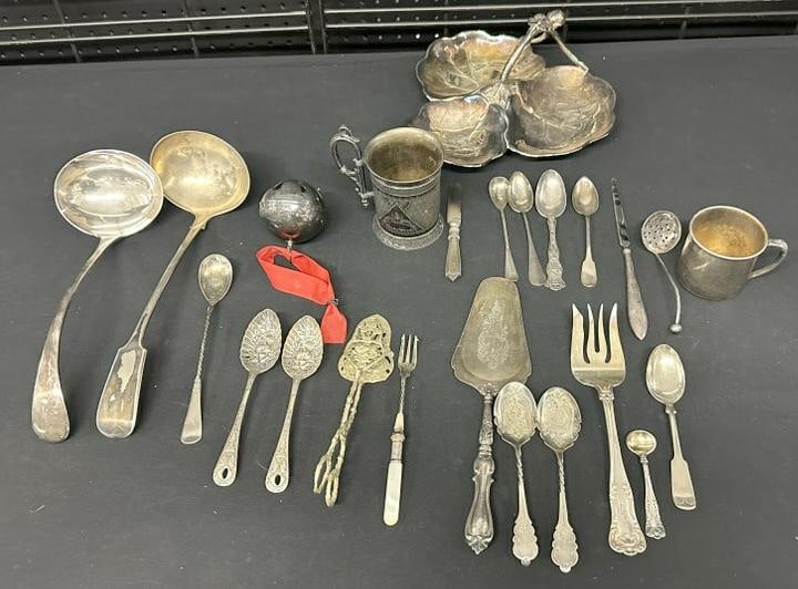 Estate lot older silverplate, including intricate detail handled cup, etc. Good lot for a dealer to (1 of 8)