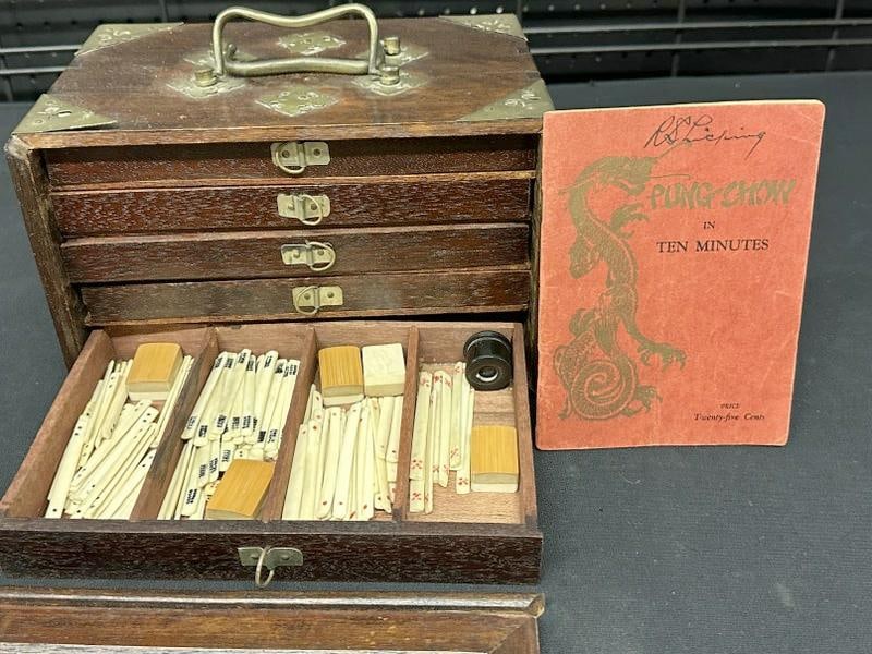 Wonderful early MAH JONG set, in original box, appears to have all pieces there, possibly on bone,: Wonderful early MAH JONG set, in original box, appears to have all pieces there, possibly on bone, all drawers contents pictured, just as we found it in old stone house in Stone Ridge, New York. The b