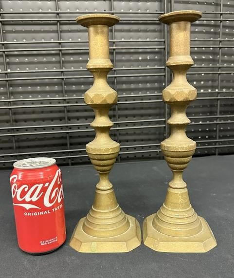 Pair 19th c brass push up candlesticks, measure 12" high, nice old patina, found in old stone house (1 of 2)