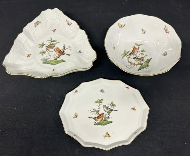 (3) pcs. HEREND serving pieces includes triangular dish measuring 10" across - 7.75" bowl and a (1 of 8)
