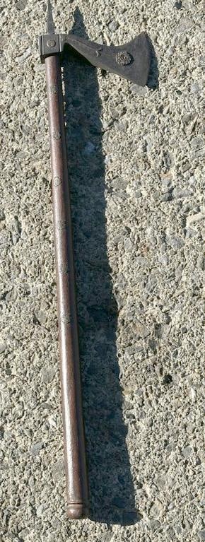 Early hand forged fancy axe with brass flowers on oak handle and copperwork applied to head, origin (1 of 10)