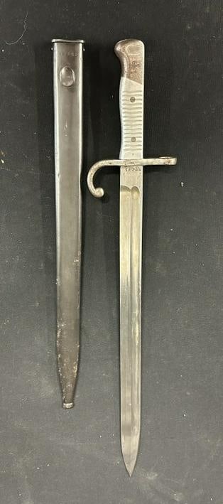 GERMAN military rifle bayonet (1894) Modelo 1891, with sheath, just as we found it. Measures 20.5": GERMAN military rifle bayonet (1894) Modelo 1891, with sheath, just as we found it. Measures 20.5" tip to end. The serial numbers on sword and sheat don't match…