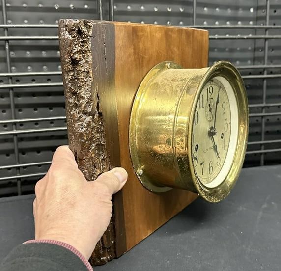 SETH THOMAS brass ship clock mounted to board, from local estate, no key, movement intact, clock (1 of 6)