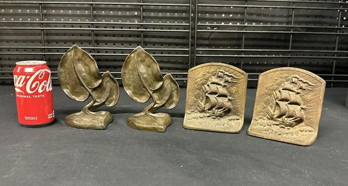 (2) pair old bookends incl. Emilio Maraffi bronze leaf pair ans iron pair with ships….nice estate (1 of 5)