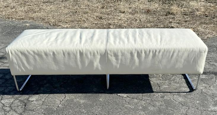 BERNHARDT DESIGN nice Mid Century style long bench with chrome legs, has white leather like (1 of 4)