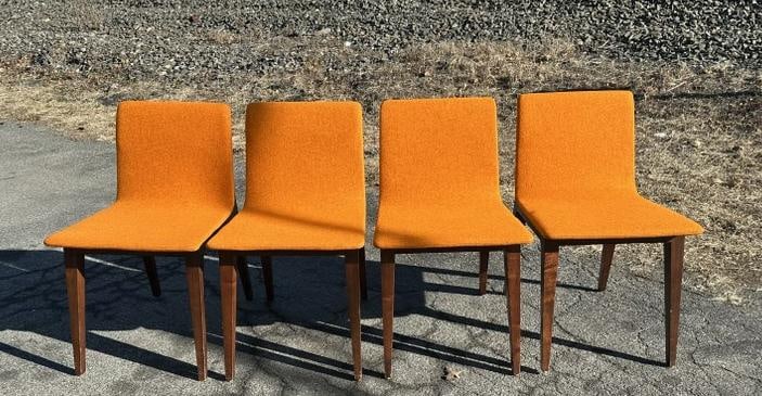 BERNHARDT DESIGN (4) Mid Century style orange fabric chairs with walnut frames ( 2 chairs have (1 of 7)