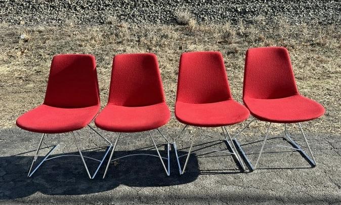 (4) Mid Century style contemporary chairs with red fabric and chrome legs, very nice condition, (1 of 3)