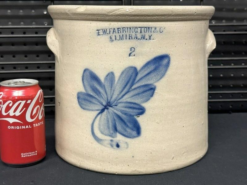 E W FARRINGTON & CO. ELMIRA, N.Y. (2) gallon stoneware crock with blue flower, from Hudson Valley (1 of 5)