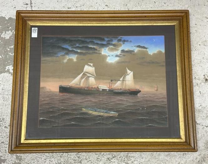 Albert R. Nemethy pastel seascape with U S Freight ship and smaller boat in foreground, signed lower (1 of 3)