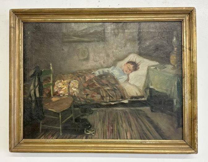 Circa 1920's o/c boy sleeping in bed, with crazy quilt and room furnishings, unsigned, illegible (1 of 5)