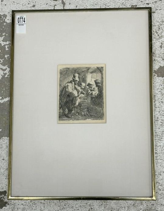 Rembrandt etching ( The Strolling Musicians ), in quality custom brass frame, image measures 5.75" x (1 of 4)