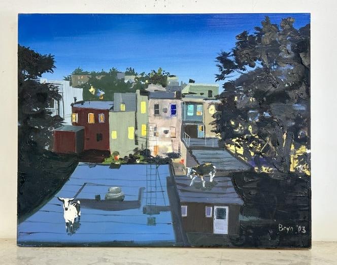 Bryn Gormley impressionist o/c cityscape with cows on the roofs of buildings, dated 2003. In fine (1 of 5)