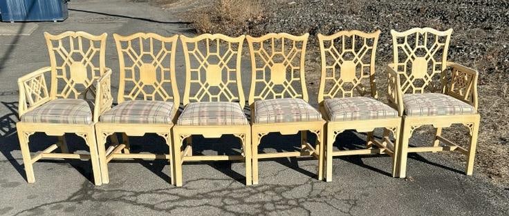 (6) decorative painted dining chairs, with (2) armchairs, structurally sound, plaid cushions, from (1 of 3)