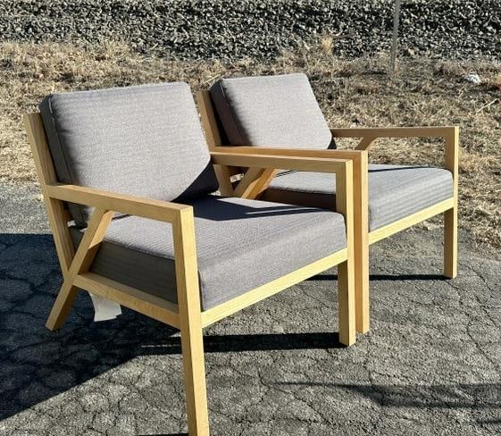 Pair GUS DESIGN GROUP armchairs with nice gray cushions, structurally sound, nice form and design, (1 of 6)