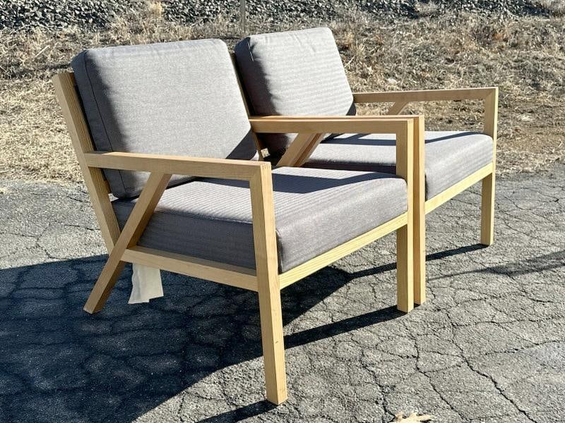 Pair GUS DESIGN GROUP armchairs with nice gray cushions, structurally sound, nice form and design, (1 of 6)