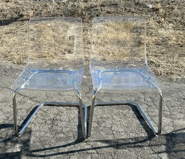 IKEA pair lucite chairs with chrome legs, nice form, nice clean condition. All the high end Designer (1 of 2)