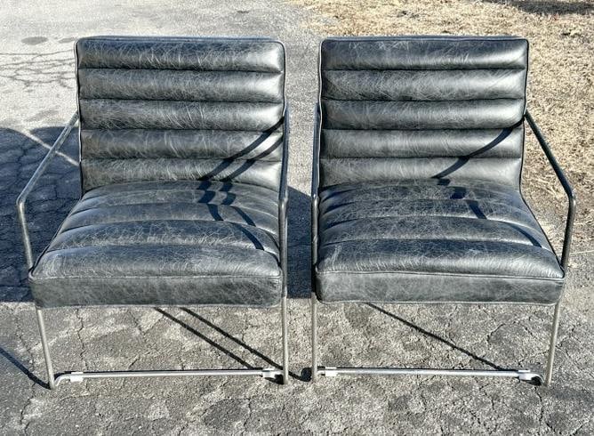 Fabulous pair black leather armchairs, unsure of Designer, wonderful worn patina, no damage, arms (1 of 5)