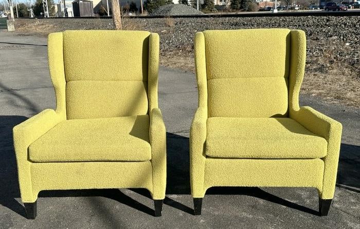 Wonderful pair lime greenish upholstered modern wing chairs, no makers label, both structurally: Wonderful pair lime greenish upholstered modern wing chairs, no makers label, both structurally sound, some minor spotting, not taking anything away from this pair…..All the high end Designer and Mo