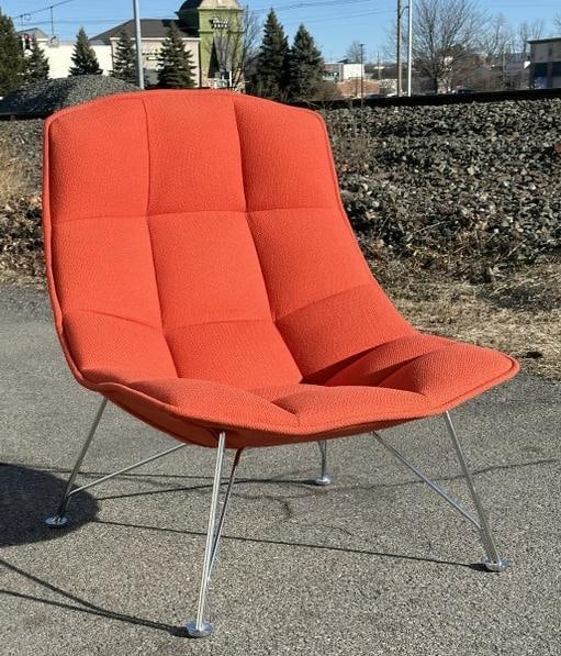 KNOLL wonderful modern Mid Century style chair, clean orange fabric, chrome base, structurally sound: KNOLL wonderful modern Mid Century style chair, clean orange fabric, chrome base, structurally sound with wonderful form, label intact underneath, measures 33" across the seat…..All the high end Des