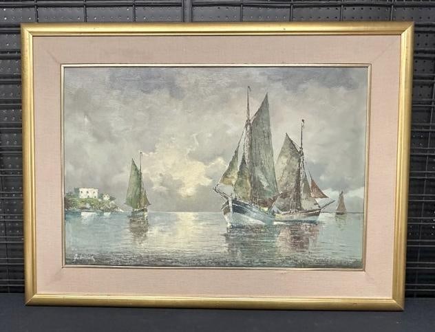 Mid Century impressionist seascape signed illegibly in lower left corner, small tear in upper left (1 of 4)