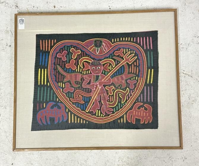Framed hand embroidered Indian or Native panel, vibrant color, in Mid Century frame, origin unknown: Framed hand embroidered Indian or Native panel, vibrant color, in Mid Century frame, origin unknown to me, panel measures 16" x 20", the frame measures 23" x 27". From a Time Square major Corporations