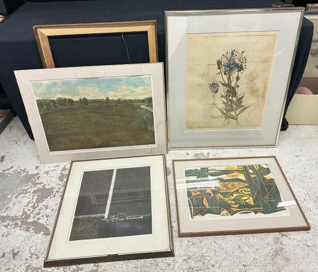 (4) Mid Century print lot to include an illegibly signed abstract print with cherries like form in (1 of 5)