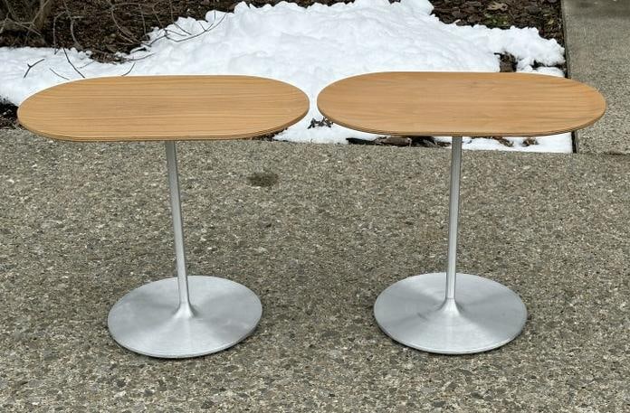 KEILHAUER Mid Century style pair side tables, polished aluminum bases and teak tops, clean and (1 of 5)